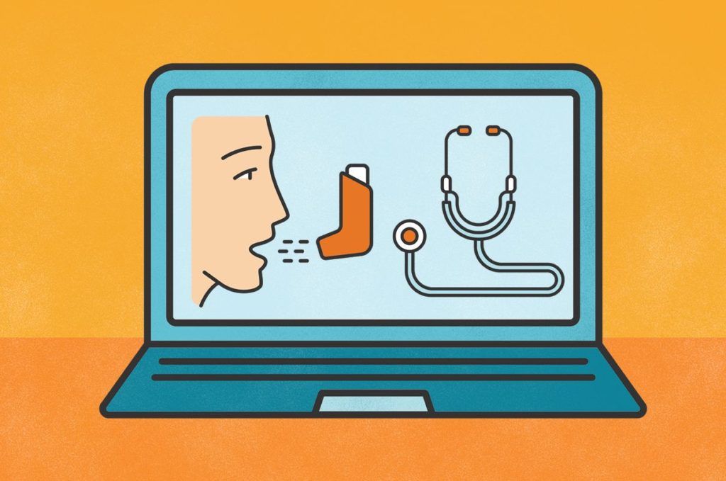 Laptop showcasing a person using spirometer and stethoscope.