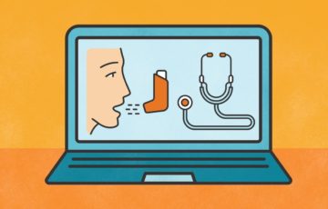 Laptop showcasing a person using spirometer and stethoscope.